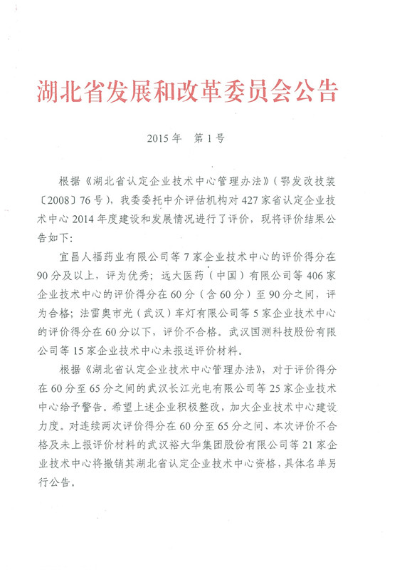 宜昌长机科技公司技术中心被省发改委评价为优秀企业技术中心